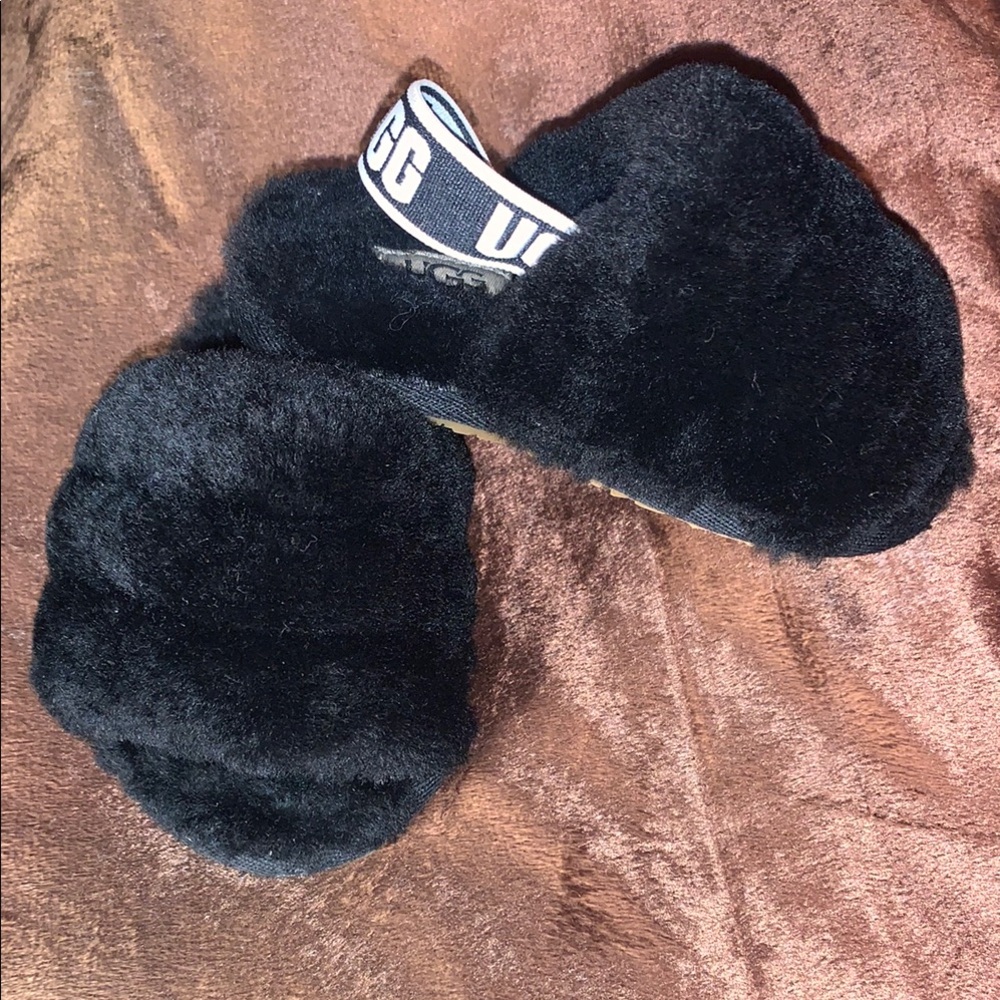 Baby UGG Black Fluffy Slides with Logo Strap